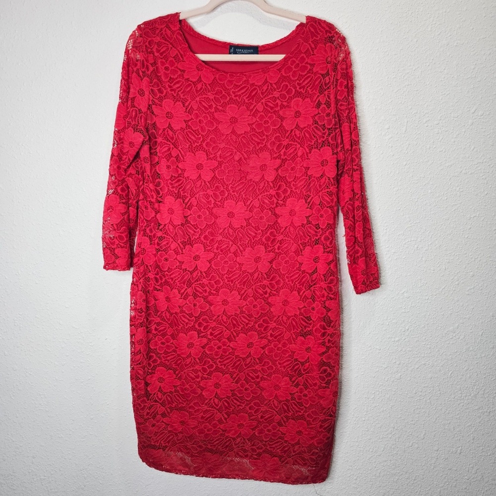 Seranoma Red Lace Dress‎ Size XL Floral Made in USA Elegant Party Holiday Midi